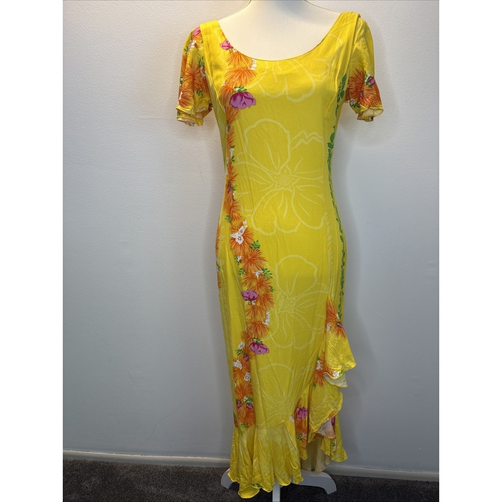 Hilo Hattie Hawaiian Tropical Ruffle Maxi Dress Womens Size Small Butter Yellow